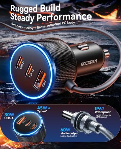 10' Rocoren 60W Starlink Mini Car Power Adapter w/ 45W USB-C & 30W USB-A - image 6