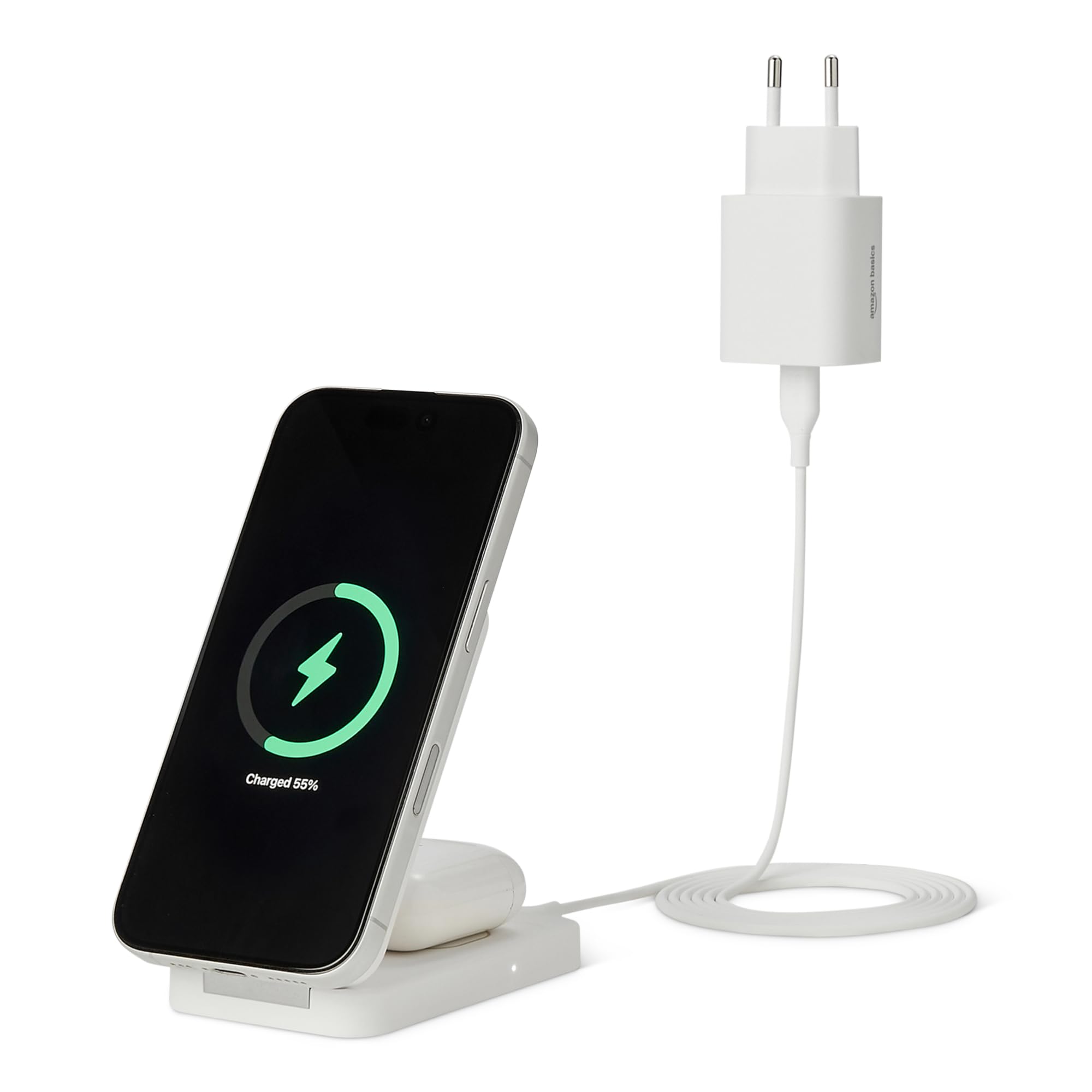 Amazon Basics - Stazione Ricarica Wireless 2in1 Certificata Qi2.2 Compatibile MagSafe, Ricarica Rapida 25W Max Supporto Pieghevole per iPhone 17/16/15/14/13/12, AirPods con Adattatore 45W Max Bianco