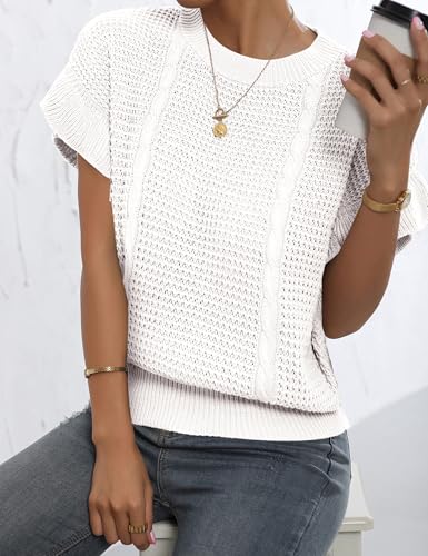 Image of Womens Short Sleeve Sweaters Ruffle Crewneck Pullover Sweater 2025 Casual Lightweight Summer Tops