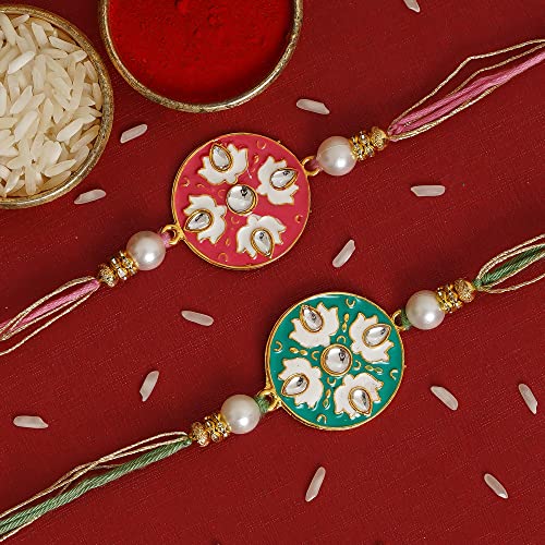 Image of eCraftIndia Set of 2 Light Blue Golden Premium Designer Rakhi for Brother Bhaiya Bhai | Roli Chawal Pack | Rakhi Combo
