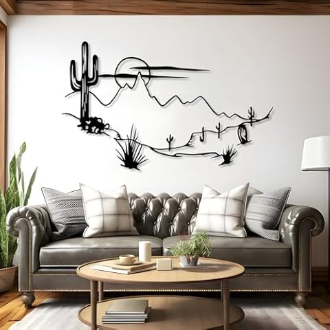Cadeali Desert Landscape Metal Wall Art, Metal Cactus Wall Decor, Boho Desert Wall Decor, Sunset Wall Art, Southwestern Sign for Home, Living Room, Bedroom (Black, 41L x 25W) Cover