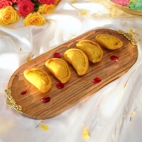 Image of Behoma Mango Wood Oval Serving Platter with Golden Brass Motif | Elegant Wooden Tray for Home Decor | Durga Puja Navratri Festive Serveware for Sweets, Cookies & Dry Fruits | Size - 37 cm (14.5 inch)
