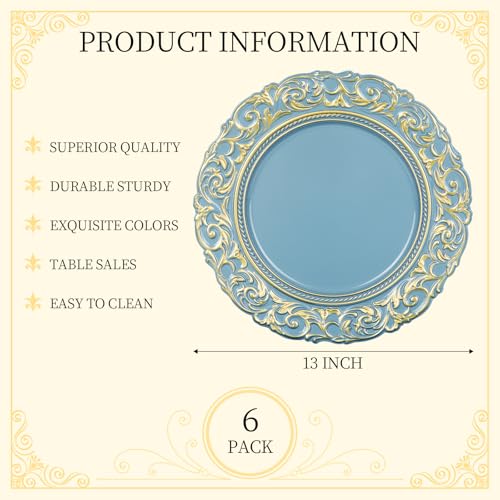 YXZHUOYU Antique Charger Plates, Set of 6 Plastic Embossed, Blue Charger Plate, 13 Inch, Elegant Charger Plates, Plate Set, Decorative Chargers for Dinner Plates