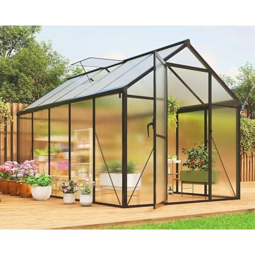6x10 FT Greenhouse for Outdoors, Polycarbonate Greenhouse with Roof Vent, Ground Nails, Lockable Push Door, Aluminum Large Walk-in Green House for Out