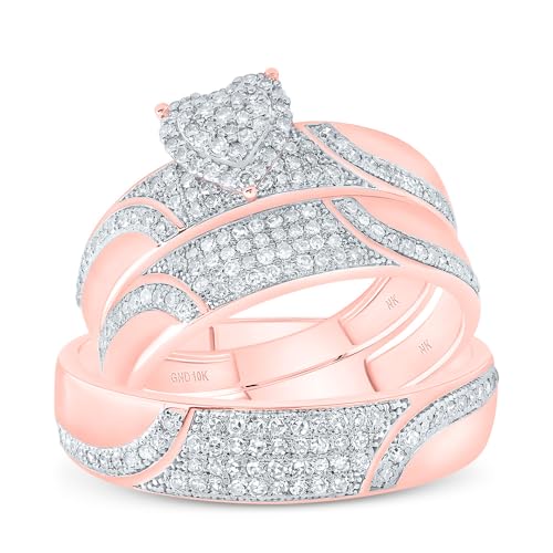 Jewels By Lux 10kt Rose Gold His & Hers 1/2 Cttw Natural Diamond Heart Bridal Wedding Ring Band Set, Women Size: 5-9, Men Size: 8-12