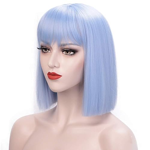 ENTRANCED STYLES Peluca azul claro tipo bob con flequillo plano recto para mujer peluca sintética de Navidad cosplay fiesta uso diario ENTRANCED STYLES Peluca azul claro tipo bob con flequillo plano recto para mujer peluca sintética de Navidad cosplay fiesta uso diario