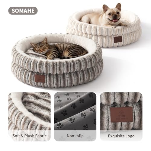 SOMAHE Cat Bed for Indoor Cats, Washable Round Plush, 20x20 Taupe Gray | Reversible Cushion + Machine Washable: soft round cat bed with plush raised sides for cozy indoor naps. - Image 7