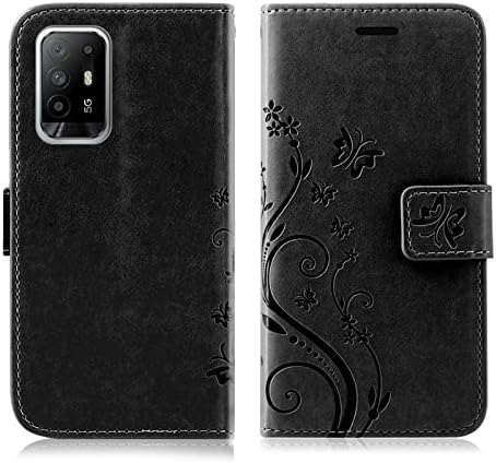 betterfon Case Oppo A94 5G, Mobile Phone Case Oppo A94 5G – Flip Case Mobile Phone Case Protective Case with [Stand Function] [Card Slots] Compatible with Oppo A94 5G Flower, Black