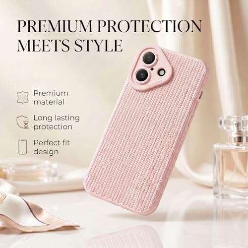Image of amazon basics Luxury 3D Knitted Texture Soft Silicone Back Cover for iPhone 16 | Slim Fit Shockproof Case with Camera Protection & Non-Slip Grip - Pink