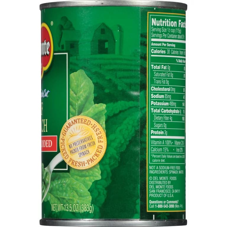Del Monte No Salt Added Leaf Spinach 13.5oz Can (Pack of 12)