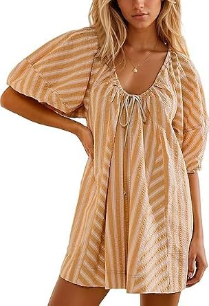 Womens Summer Striped Romper Puff Short Sleeve T Shirt Romper Dress Jumpsuit Shorts Coquette Babydoll Oversized Romper