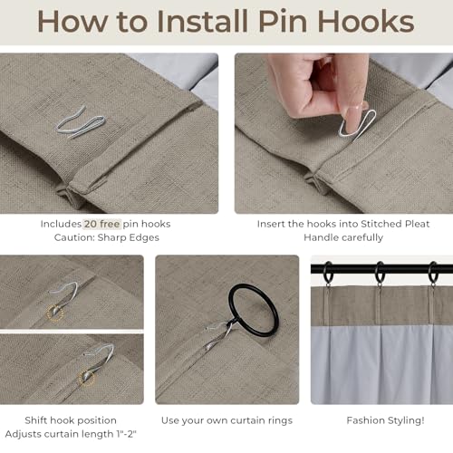 Pinch Pleated Blackout Curtains 90 Inches Long, Linen Blend, 100% Blackout Drapes with 20 Hooks, Ideal for Bedroom and Living Room, 40" W x 90" L (Pack of 2), Taupe Gray