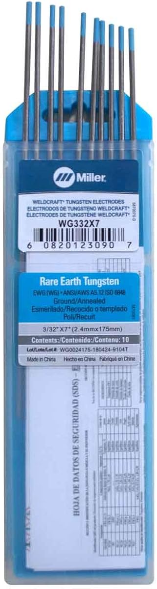 Miller Weldcraft WG332X7 Rare Earth Tungsten Electrode 3/32" X 7", 10 pack