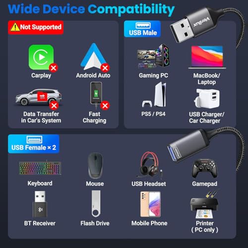 Image of Verilux USB Splitter 1 in 2 Out, 2-in-1 A to A Cable with A Double Dual Port for Charging & 480Mbps Data Sync, Fast Speed USB 2.0 Splitter Adapter for Laptop, PC, Smart TV, Desktop, Mac, PS