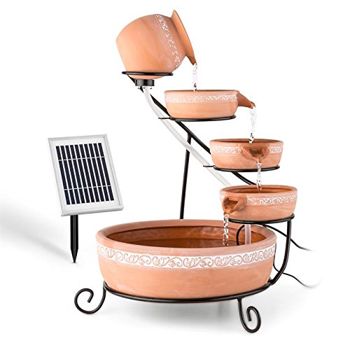 Blumfeldt Empoli Fontana da giardino - fontana a cascata, solare, 5 livelli, vasi in terracotta, motivo a foglie di vite, pompa di ricircolo, flusso 200 l/h, pannello solare 2 W, marrone