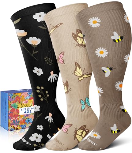 Lalapapa Wide Calf Compression Socks for Women - 3-Pair Cute Plus Size 20-30mmHg Easy on off Graduated Knee High Compression Socks with Ankle Support for Daily Travel Nurse, Butterfly Bee Floral, 3XL
