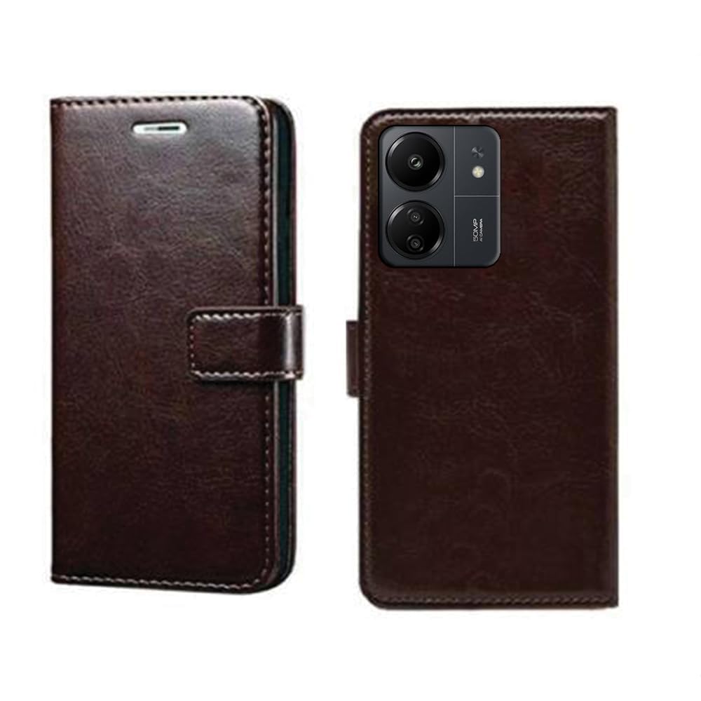 Solimo Amazon Brand-Redmi 13C 5G/Redmi 13C 4G/Poco M6 5G/Poco C55 Flip Cover | Card Pockets Wallet & Stand | Flip Cover for Redmi 13C 5G/Redmi 13C 4G/Poco M6 5G/Poco C55-Coffee-Faux Leather Brown