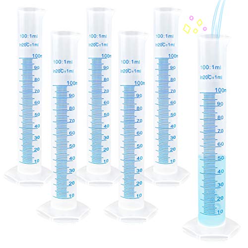 Kalevel 6pcs Polypropylene Graduated Cylinder 100ml Measuring Cylinders Plastic Graduated Cylinder Set Measuring Test Tube Clear Graduated Cylinder with Double Sided Markings, Pour Spout