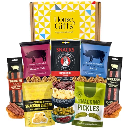 Savoury Snacks Hamper Gift Set with Pork Crackling Beef Jerky Cheese Bites Salami & Pickles Pub Treats Box & Snack Gifts for Her Ideal Dad Treat Box or Fathers Day Present for Him
