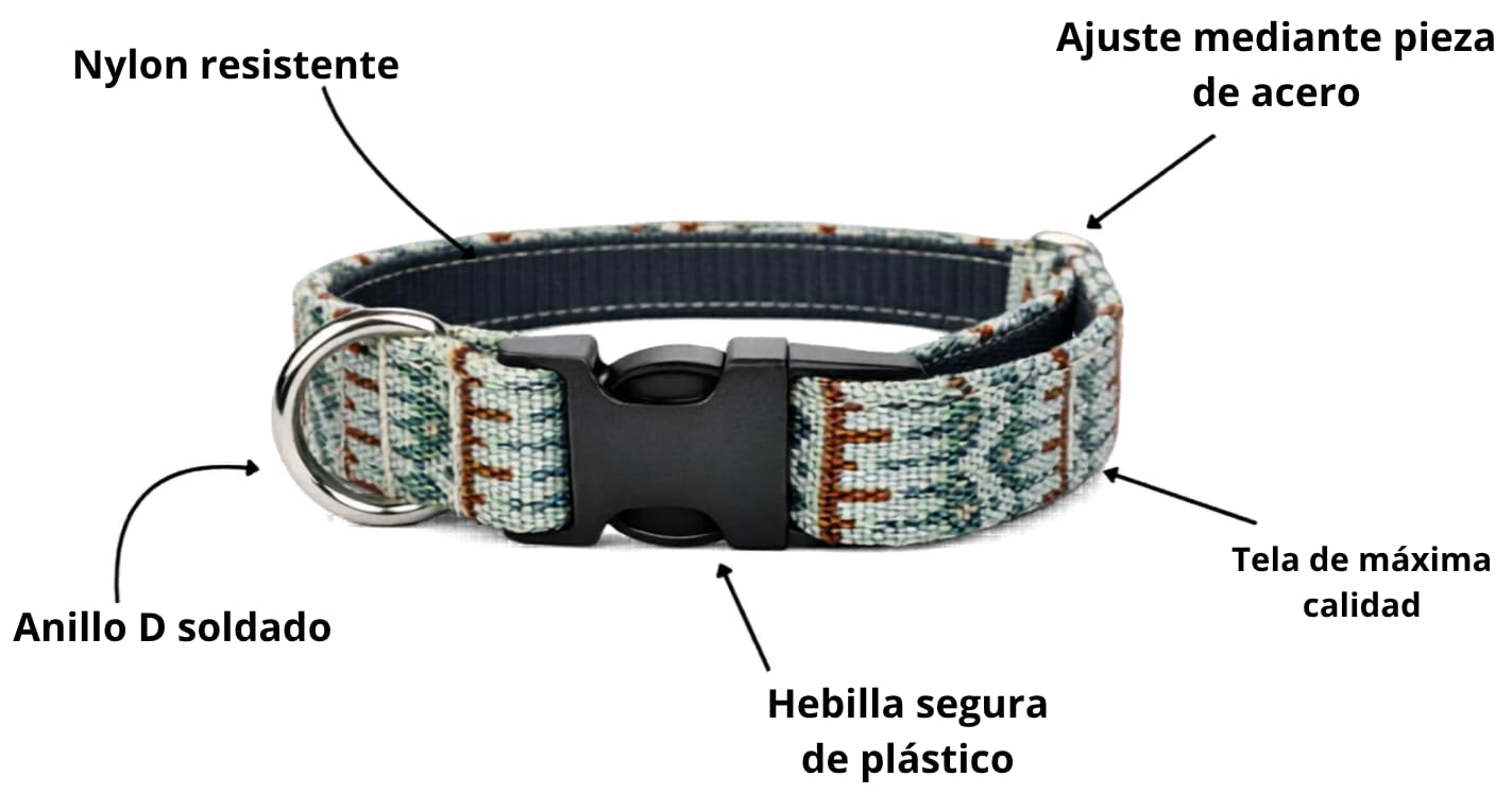 MOUZ Collar para Perro adiestramiento, Ajustable, de Tela Premium y Nailon, Muy Resistente, con Hebilla Segura y Anilla metálica D soldada. Dogs Collar. Hecho a Mano en España (Etnico, L)