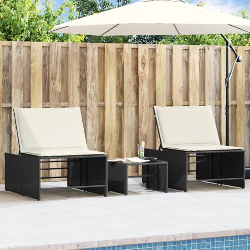 Chaises longues modulables 2 places avec table rotin PE noir, dossier réglable 4 positions, assise et bain de soleil 2 en 1, coussin blanc crème amovible,...