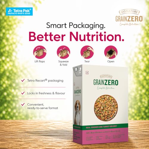Image of Grain Zero Dog Fresh Food Tetra Pak Real Chicken & Turkey Delight, for Adult & Puppy, 350g | Supports Joint & Health | Anti-Inflammatory Properties | Ready to Serve | One Pack One Meal (Pack of 5)