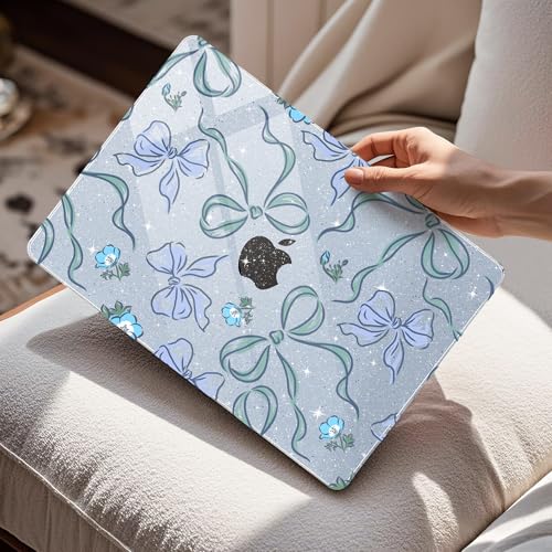 Image of Mektron Case for 2026 MacBook Air 13-inch M5 Laptop A3449 with 13.6-inch Liquid Retina Display, 2025 2024 2022 M4 /M3 /M2 MacBook Air 13 inch Hard Shell Cover A3240 A3113 A2681, Bows C355-Glitter Blue