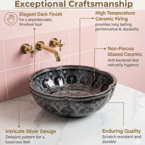 Image of BASSINO 16.5x16.5x5 Inches Designer Moroccan Ceramic Table Top Wash Basin /Matte Black Floral Art Bowl Sink for Bathroom /Handcrafted Flower Shape Countertop Washbasin for Office /Hotel(Matt)