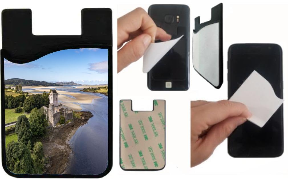 Island Gifting Neoprene Stick-on ID Card Holder for iPhone/Galaxy/Google Android Cases Featuring Image of an Aerial View of a Castle in Donegal Ireland, irel5, cell-sleeve-mas-492