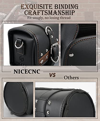 Nicecnc Motorcycle Fork Bag Handlebar Bag, Star Rivet Rock Style Vintage Pu Leather Classic Cowhide Lines, Waterproof Universal Motorcycle Tool Storage Bag Sissy Bar Side Tail Frame Bag, Brown #TOP5