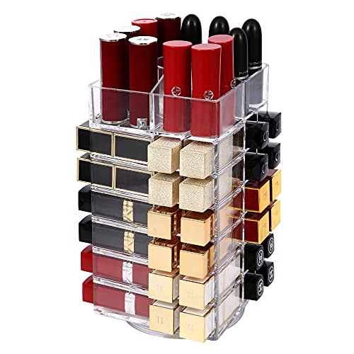 Premium Acrylic Rotating Cosmetic Lipsticks Tower, ROSELIFE Lipsticks Organizer 48+5 Slots, Spinning Lipgloss Storage Display Holder, Women Girls Makeup Cosmetic Display, Clear