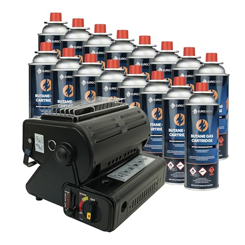 Eurocatch Radiateur soufflant & réchaud à gaz - incl. 16 cartouches de gaz - Cuisinière à gaz - Chauffage - Réchaud de camping - Chauffage de terrasse -...
