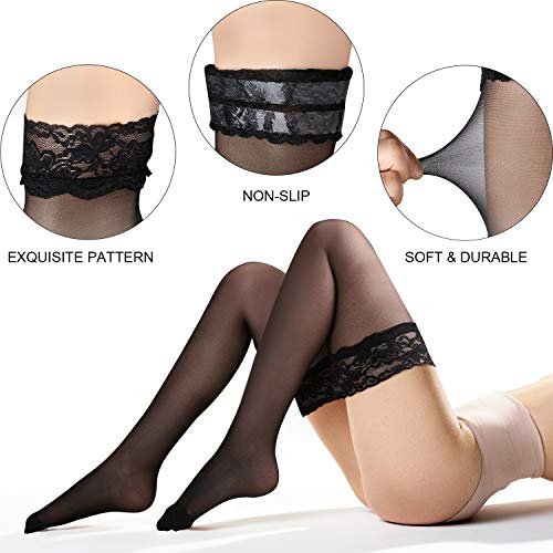 Silk Thigh High Stocking for Women Lace Silicone Satin Bow Top Stocking, Black, M