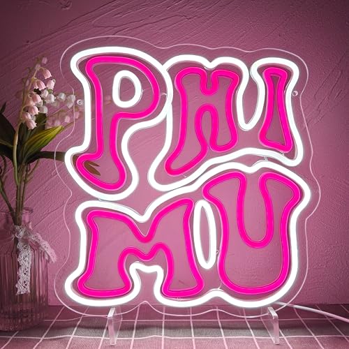 Phi Mu Fraternity Sorority Neon Sign Dimmable M Pink LED Neon Lights for Wall Decor Sorority Neon Wall Sign with USB Power Paraphernalia for Birthday Party Decor 12.6x13.4 inches.