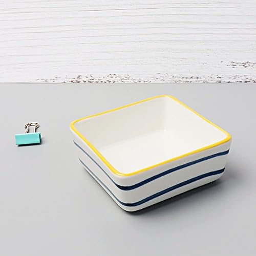 Miniatura 2 de AxeWoodz Soporte de clips de papel de cerámica, dispensador cuadrado de clips de papel con patrón de rayas blancas y azules, soporte de clips para