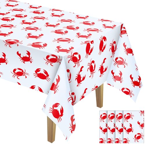 Image of Juexica 4 Pcs 54 x 108 Inch Crab Boil Party Table Cloth Summer Seafood Party Supplies Plastic Crab Tablecover Decorations Rectangular for Sea Animals Dining Kitchen Centerpiece