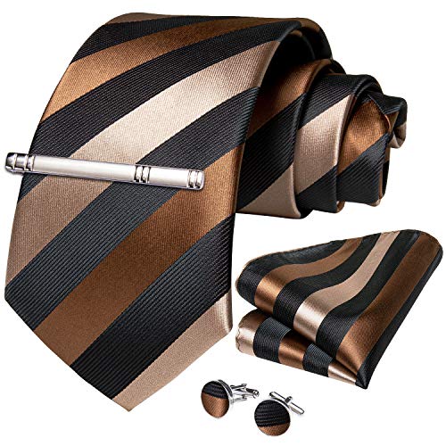Dibangu Men's Stripe Tie Silk Woven Necktie Pocket Square Cufflink Set Formal Business Prom Wedding (Brown) #TOP14