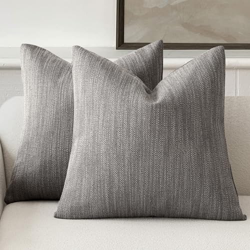 Image of Foindtower Set of 2 Decorative Textured Burlap Linen Throw Pillow Covers Farmhouse Boho Cushion Cover Solid Accent Pillowcase for Couch Sofa Bed Living Room Home Decor,18x18 Inch,Dark Gray