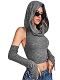 Verdusa Women's Open Back Sleeveless Hooded Crop Top with Arm Sleeve Dark Grey M