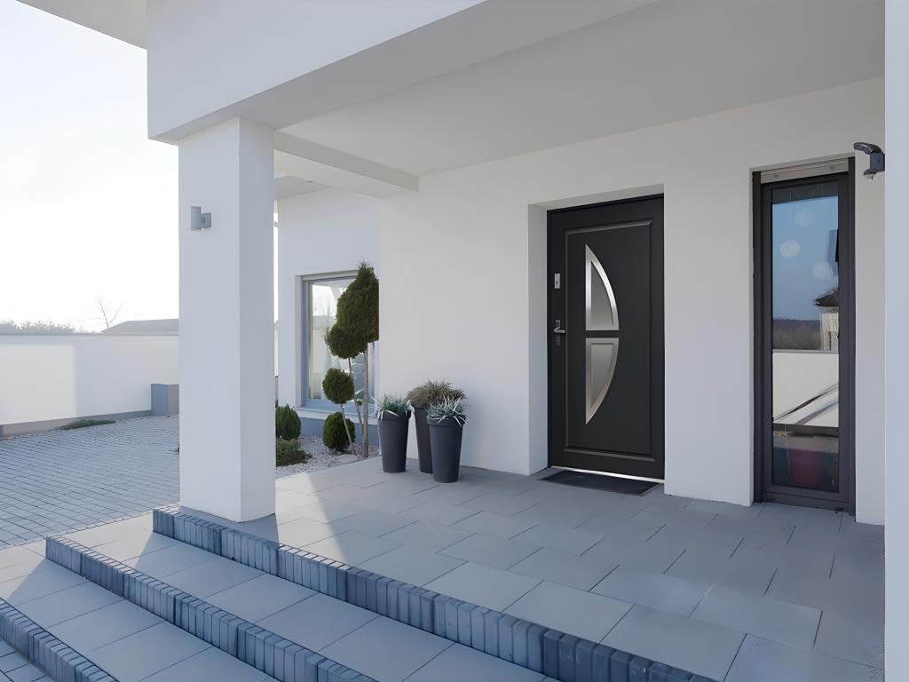 Vente-unique-Puerta de entrada de acero acristalada con inox Alt. 207 x Ancho 100 cm antracita - se abre hacia la derecha COVAS