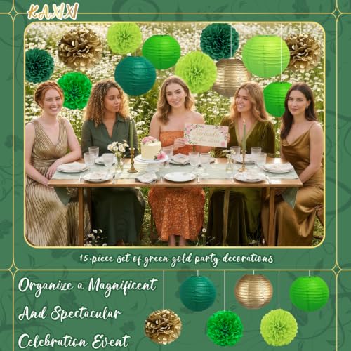 Image of KAXIXI 15-Pack Green and Gold Party Decorations, Paper Lanterns & Pom Poms