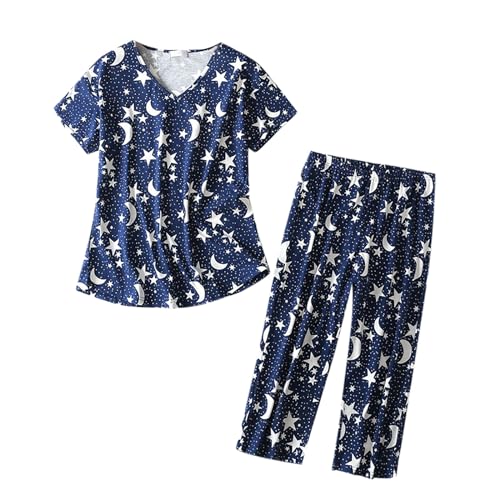 Conjunto de pijama para mujer con estampado de dibujos animados, bonito y ligero, conjunto de camiseta y pantalones, cómodo para el hogar, ropa de dormir, ropa de dormir de dos piezas, 01# Azul oscuro