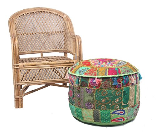 NANDNANDINI - Bonito puf decorativo de Navidad, diseño vintage de patchwork, verde, bohemio, indio, grande, redondo, otomano, asiento puf