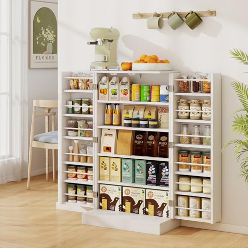 RELAX4LIFE Armadio Alto Portasuperiore 104 CM a 2 Ante con Ripiani Regolabili, Dispositivo Anti-ribaltamento, Dispensa per Cucina, Camera, Garage (BIANCO)