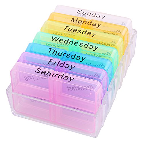 Caja de almacenamiento de 28 pastillas de plástico de colores portátil semanal 7 días 4 veces al día para el cuidado de la salud para viajes