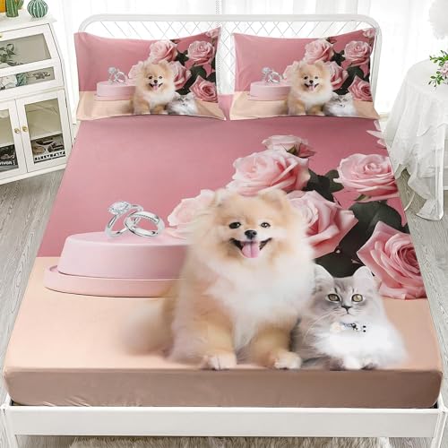 子猫ダブルベッド シーツポメラニアンベッドカバー柔らかい通気性マイクロファイバー 3点セット防ダニ高反発 吸水 速乾 抗菌 防臭 防ダニと 2 枕カバー43x63 cm着脱簡単 丸洗い可能 マットレスカバー140x200x30 cm