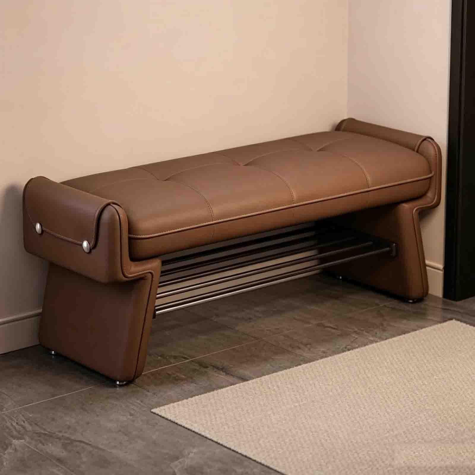 Panca imbottita per cambiarsi le scarpe all’ingresso | Panca ottomana moderna di lusso in pelle vera, con struttura in legno massello e tubi rinforzati(Brown,143x30cm)