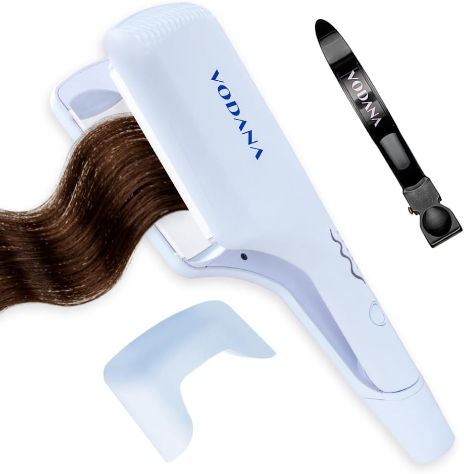 VODANA Professional Triple Flow Ceramic Hair Waver - Easy Beach Waves with Embedded Double Barrel Wave Iron. Experience Instant Heat, Long-Lasting Performance, and Quick Heat (1.6 inch, Creamy Blue)