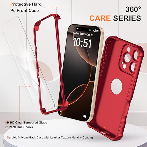 Image of ORETECH for iPhone 16 Pro Max Case with 2 x Screen Protector,Red | 3-in-1 Full Body Shockproof Design Smooth Texture,15FT Military Grade, Camera Lens Shield, with Armor Front Frame Protection