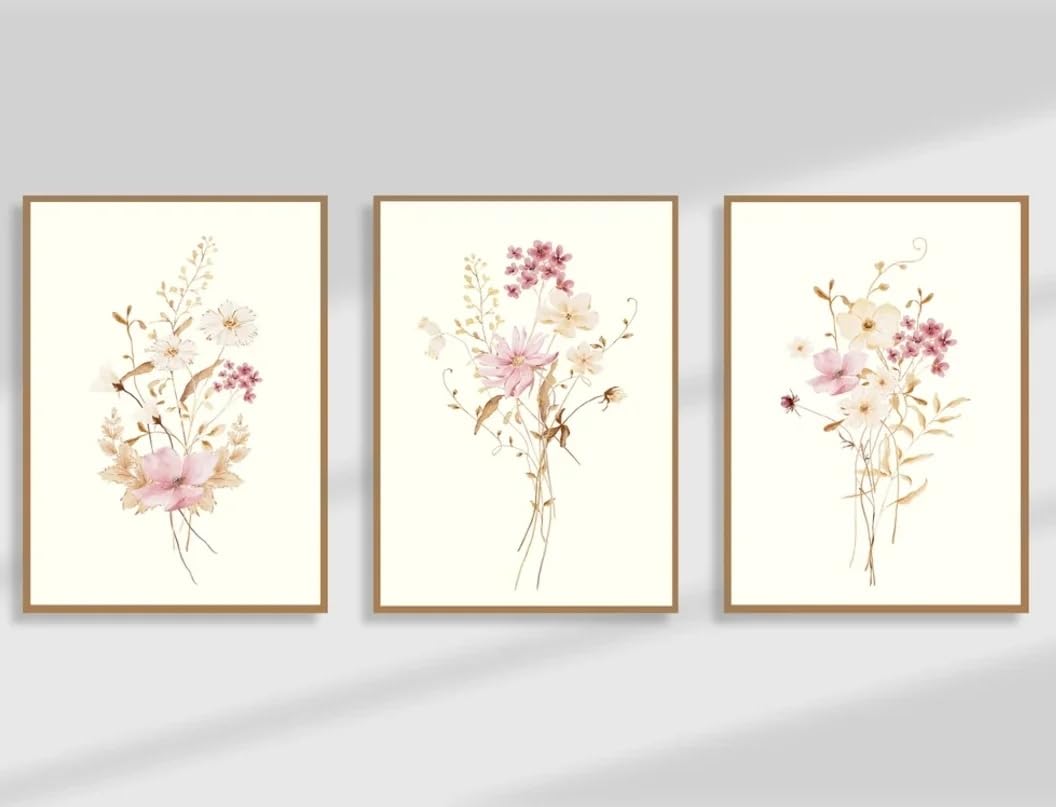 LTjiajuypd Canvas Poster Watercolor Pink Wildflowers Print Wall Art, Soft Floral Botanical Decor For Boho Livi(60x85cm-3Pcs)
